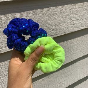 Blue and lemon green scrunchies